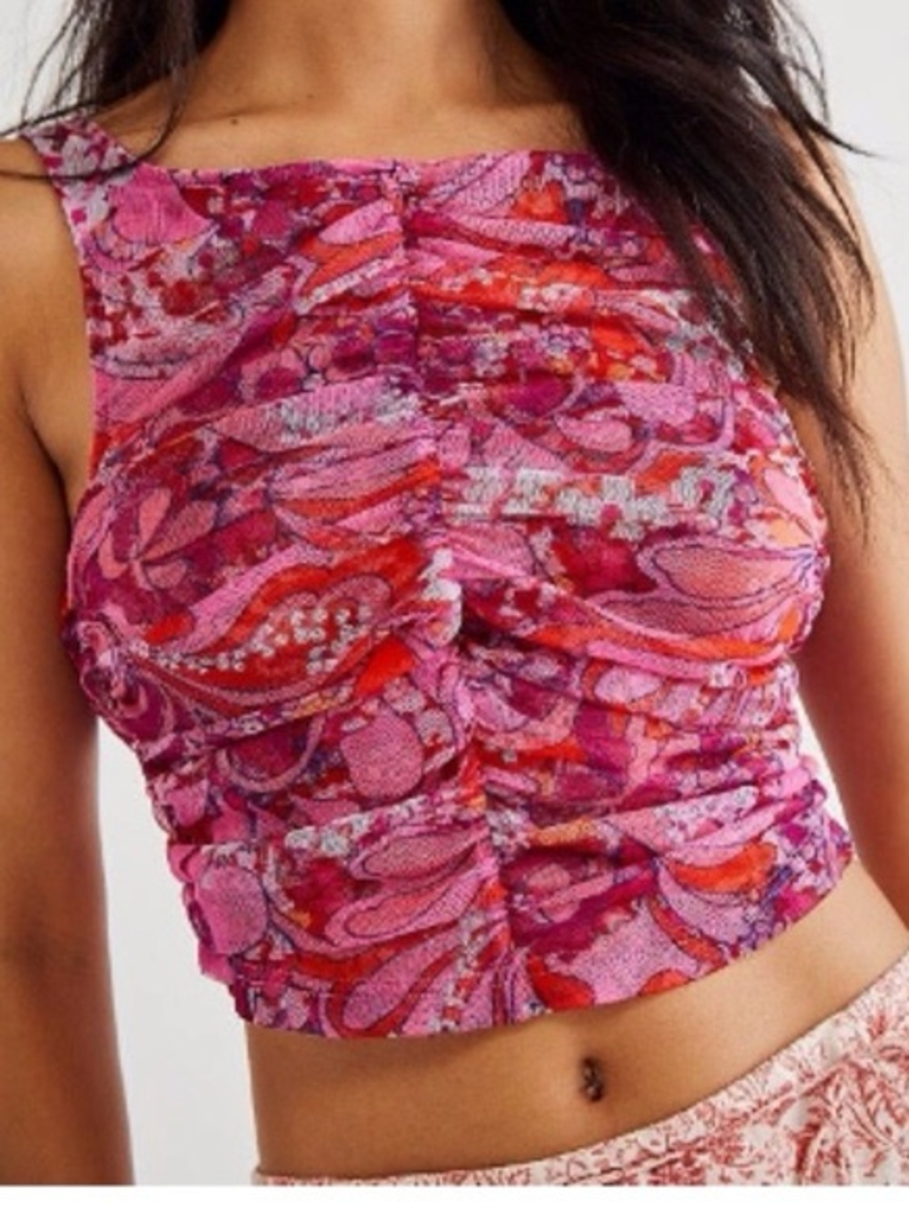 NWT Free People Pink & Red Ruched Paisley Crop Tank
